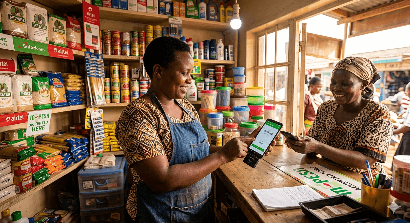Two shopkeepers using a GeniYanga POS tablet to ring up a sale in a Malawian kiosk.
