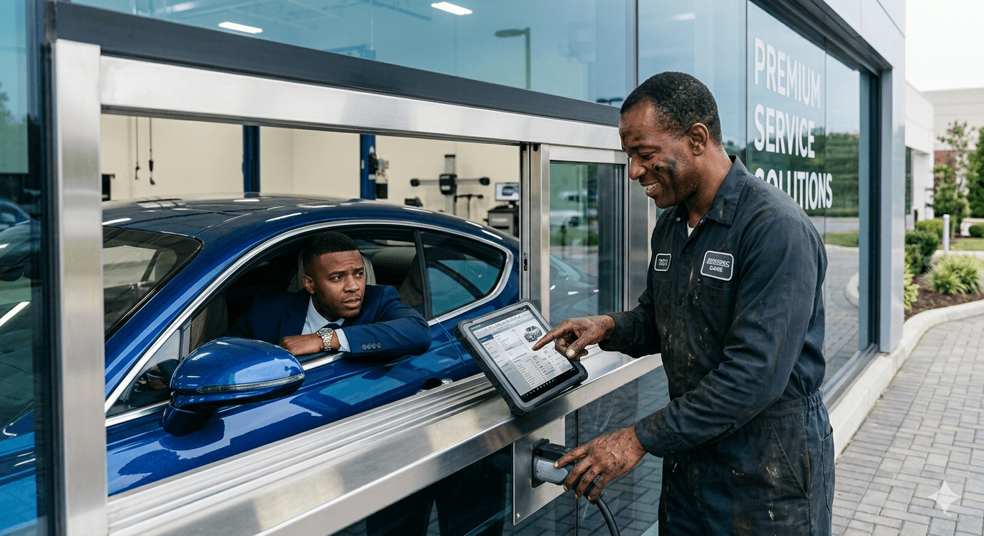 A mechanic showing a customer a tablet beside their car at a service centre.