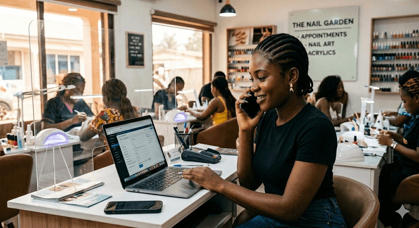 A salon receptionist taking a phone booking on a GeniYanga till at The Nail Garden, with stylists working in the background.