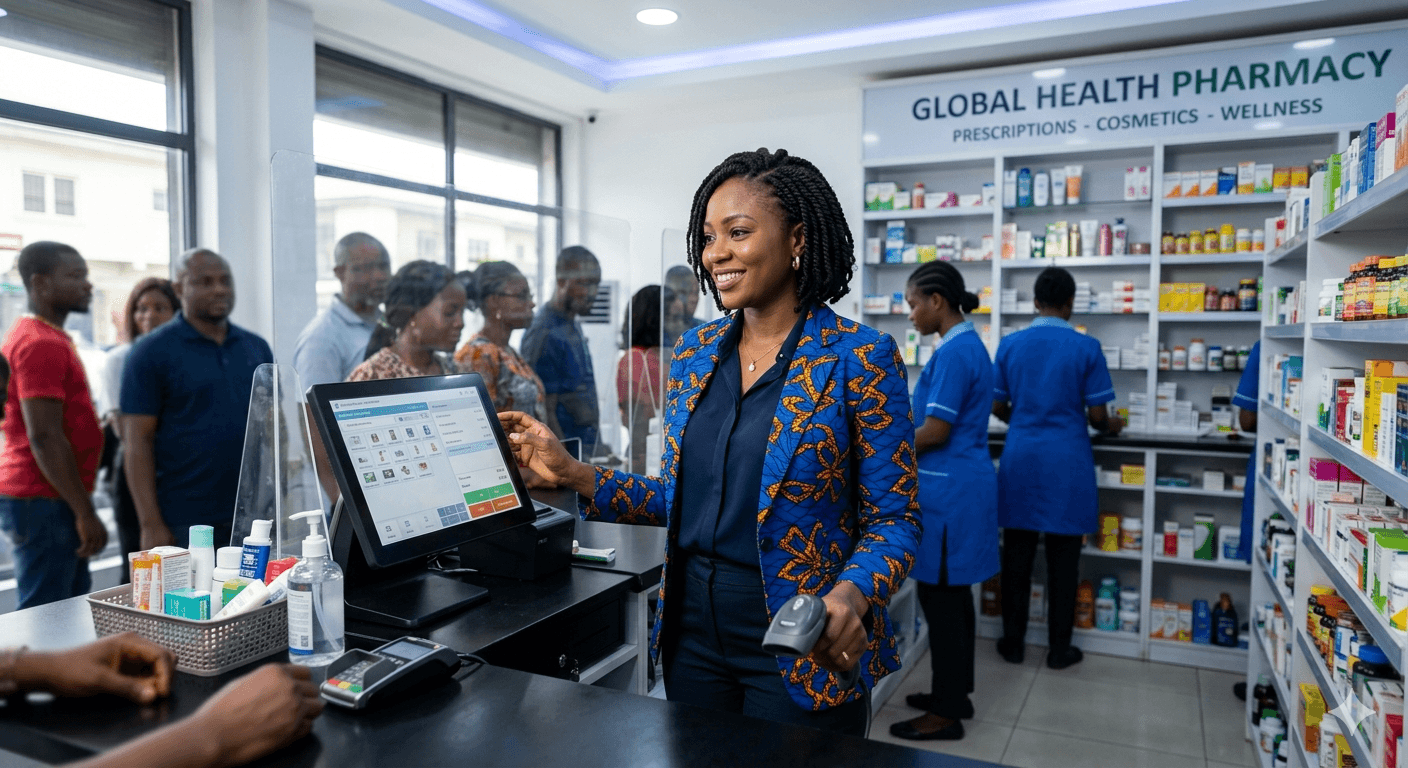 A pharmacist at the counter of a busy Malawian pharmacy looking up stock on a GeniYanga till while customers queue.