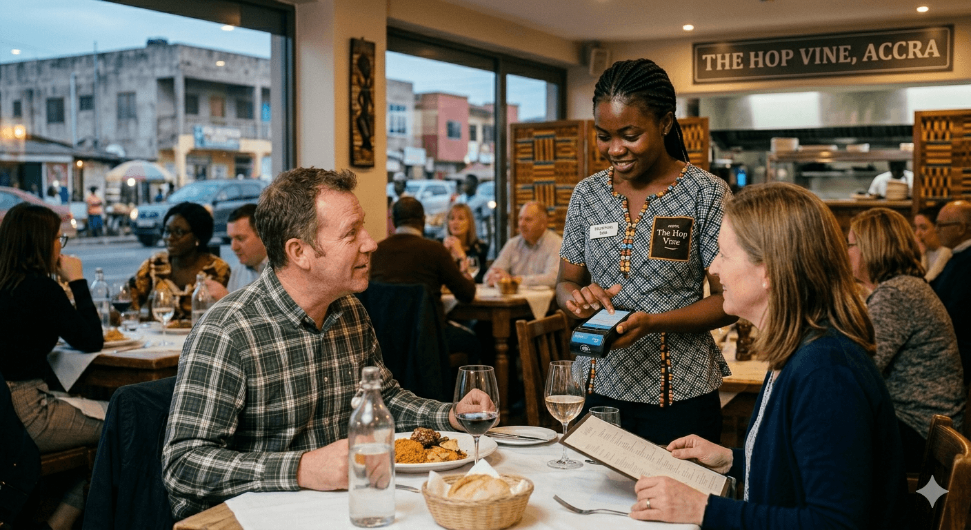 A waitress with a GeniYanga POS tablet taking orders from a smiling couple at a busy local restaurant.