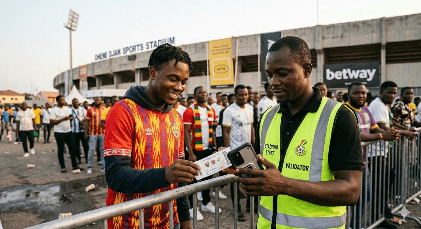 A doorperson scanning a guest's ticket QR with GeniYanga at the entrance to a busy local event.