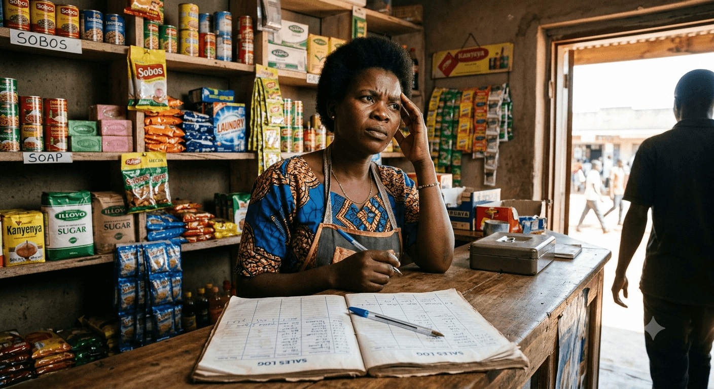 A shopkeeper at her desk trying to remember which customers still owe her money.