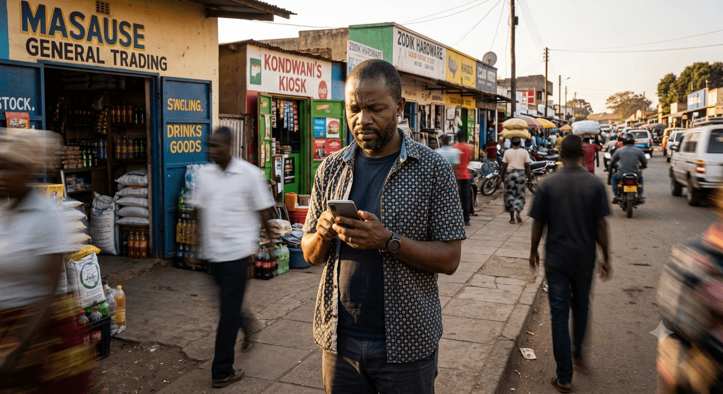 A business owner checking takings on a tablet across multiple shops.