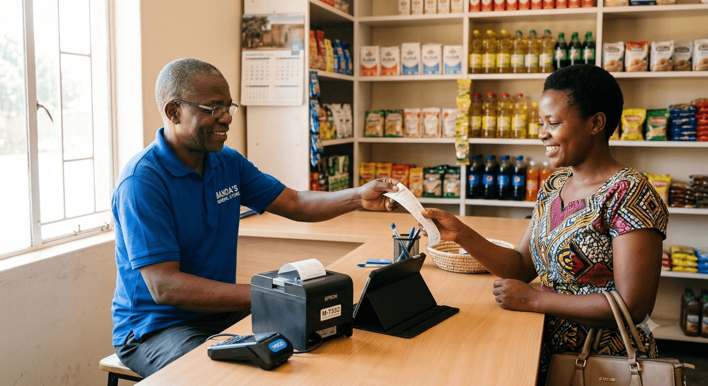 A shopkeeper calmly handing a customer an MRA-compliant printed receipt.