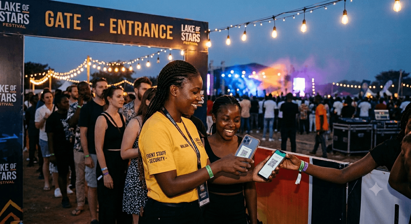Staff scanning a ticket QR code at an event gate.